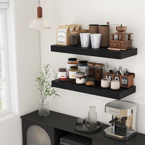30 Inch Floating Shelves, 12'' Deep Black Shelves for Wall Set of 2 | Invisible Brackets, Engineered Wood, Mounting Hardware Included, 45LBS, Bathroom, Laundry Room, Kitchen, Living Room - color: Black, size: 30W x 11.6D x 2H, 2 Pack