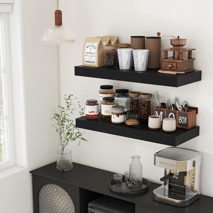 30 Inch Floating Shelves, 12'' Deep Black Shelves for Wall Set of 2 | Invisible Brackets, Engineered Wood, Mounting Hardware Included, 45LBS, Bathroom, Laundry Room, Kitchen, Living Room - color: Black, size: 30W x 11.6D x 2H, 2 Pack