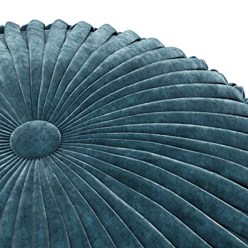 SIMPLIHOME Renee 20" Wide Round Pouf in Teal Velvet | Boho footstool, extra seating for home living room or bedroom with button-tufted pleated design, assembled; pouf ottoman. - color: Teal, style: Pouf