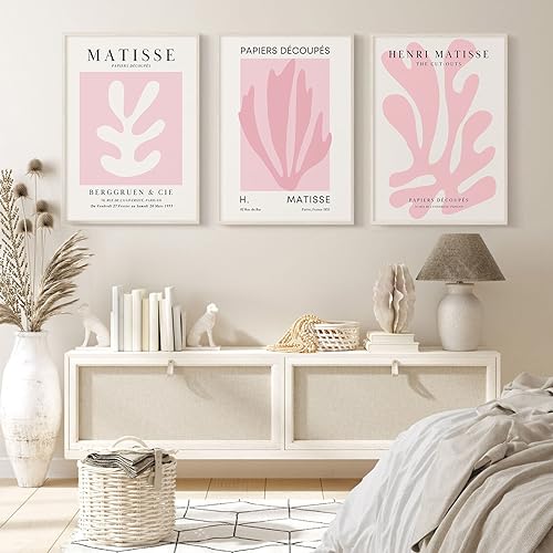 Pink Matisse Wall Art Prints Aesthetic Wall Decor Abstract Henri Matisse Canvas Wall Art Blush Pink Exhibition Poster Picture Minimalist Museum Artwork for Room Bedroom Set of 3 12x16 Inch Unframed - color: Pink Matisse Prints, size: 12x16 Inch Unframed