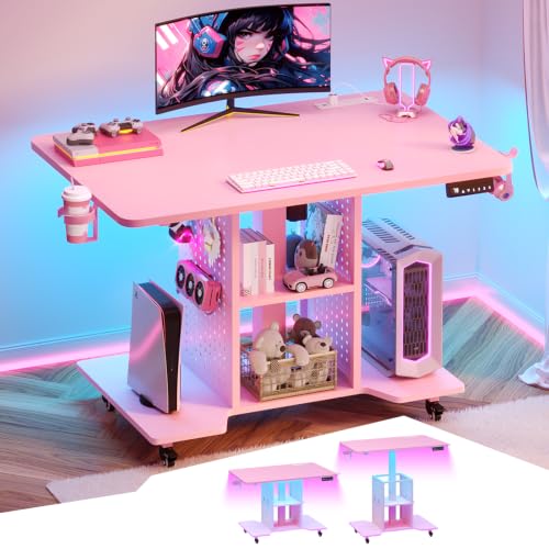 SEDETA Small Standing Gaming Desk, 31.5" Rolling Computer PC Desk Electric Height Adjustable with Power Outlet, Pegboard & Storage Shelves, LED Light, for Small Spaces/Bedroom/Gaming/Girl Room, Pink - color: Pink