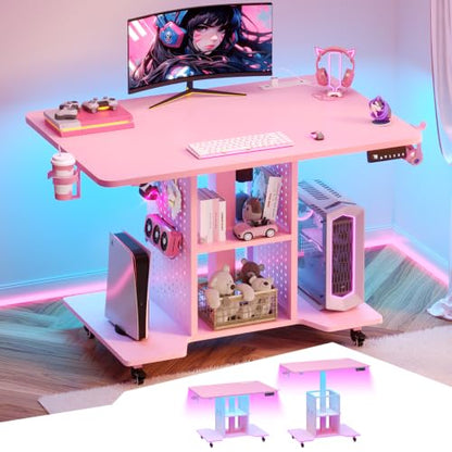 SEDETA Small Standing Gaming Desk, 31.5" Rolling Computer PC Desk Electric Height Adjustable with Power Outlet, Pegboard & Storage Shelves, LED Light, for Small Spaces/Bedroom/Gaming/Girl Room, Pink - color: Pink