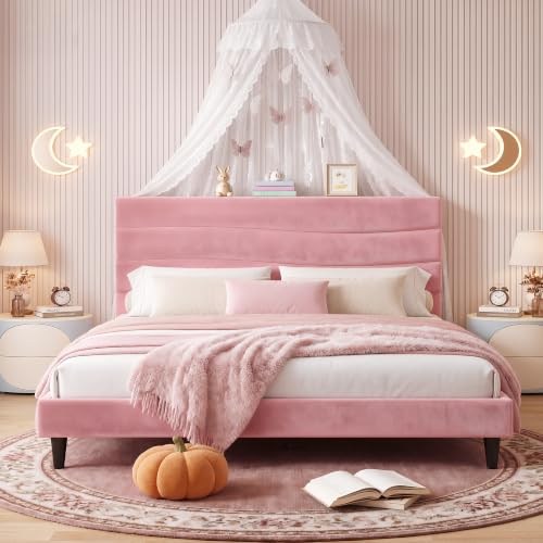EnHomee King Size Bed Frame with Upholstered Headboard & Charging Station | Adjustable height, Wave design, 2 USB & 1 Type-C ports, Under-bed storage, Noise-free, No box spring needed, Pink - color: Pink, size: King