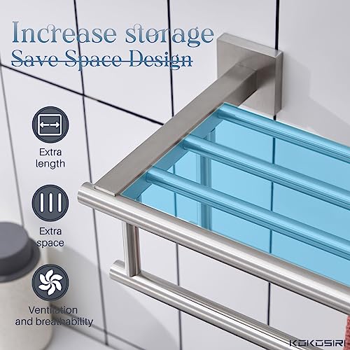 KOKOSIRI Towel Shelf with Double Towel Bars 32 Inches Bathroom Towel Rack Bath Towel Holder Wall Mounted Stainless Steel, Brushed Nickel, B6005BR-L32 - color: Brushed Steel, size: 32 Inch