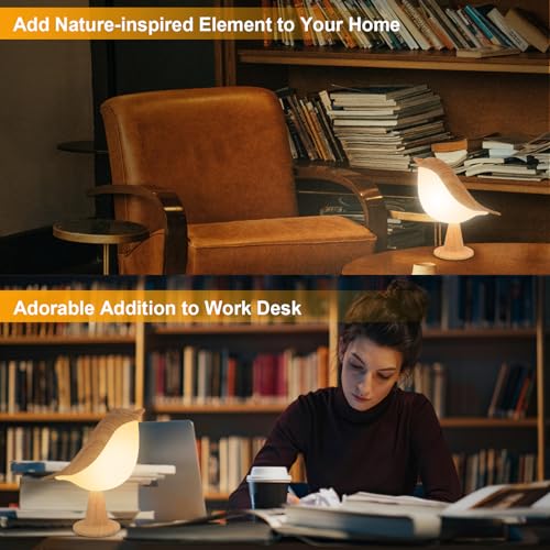 Deogos 2 Cute Bird Table Lamps Combo,Rechargeable Cordless Lamp with 3 Color Temperature and Adjustable Brightness,Small Desk Lights for Bedroom Nightstand Bedside Table - Wood Tone | 2 Packs Bird Night Light, Rechargeable Table Lamp with 3 Color Modes &