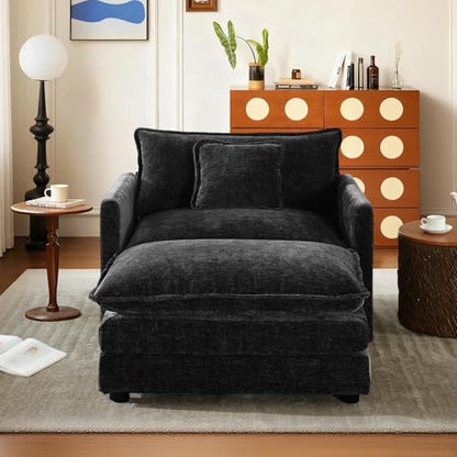 Comfy Chenille Modular Single Sofa with Ottoman, 1Seat+1Ottoman,Black | Randomly Assemble Modular Sofa Sets, Modern Recliner Deep Seat Sofa Set for Living Room,Office - color: Black, size: 1S+1O
