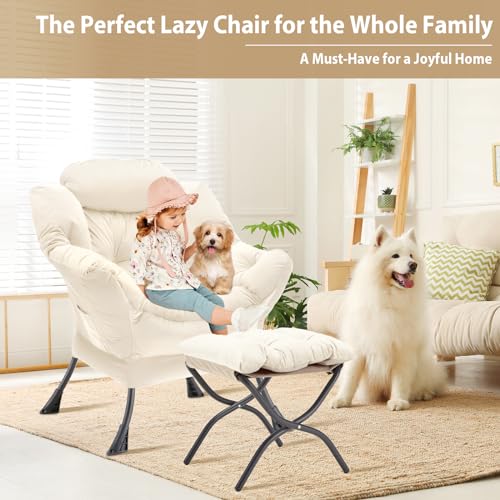 Youtanic Lazy Chair with Folding Ottoman, Accent Chair Velvet Upholstered with Metal Structure and Non-Slip Pads, Sofa Armchair with Footrest and Side Storage Bag for Dorm, Room, Office, Beige - color: Beige