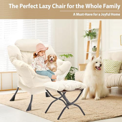 Youtanic Lazy Chair with Folding Ottoman, Accent Chair Velvet Upholstered with Metal Structure and Non-Slip Pads, Sofa Armchair with Footrest and Side Storage Bag for Dorm, Room, Office, Beige - color: Beige