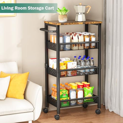 Vivihomety 4-Tier Laundry Utility Rolling Cart with Wheels, Kitchen & Bath | Narrow 8.1" wide, lockable wheels, wood top panel, metal frame, for laundry room, small spaces, pantry, tight gaps, Black - color: Black, size: 8.1 inch wide