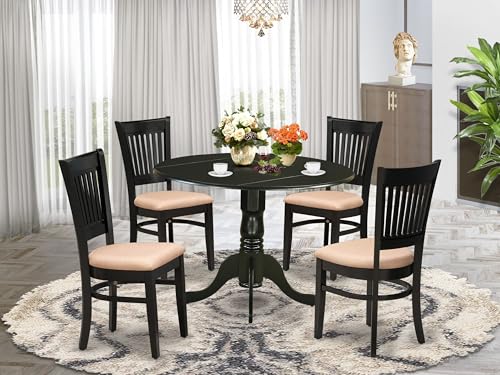 East West Furniture DLVA5-BLK-C 5 Piece Dining Table Set for 4 Includes a Round Kitchen Table with Dropleaf and 4 Linen Fabric Upholstered Dinette Chairs, 42x42 Inch, Black - color: Dlva5-blk-c