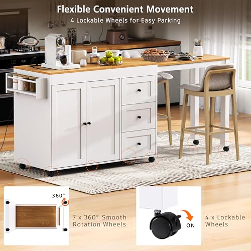 Kitchen Island, Extendable Dining Table with Power Outlet | Extendable dining table expands from prep station to dining table, seats up to 2 extra guests, saves space when closed - color: White2