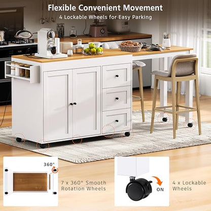 Kitchen Island, Extendable Dining Table with Power Outlet | Extendable dining table expands from prep station to dining table, seats up to 2 extra guests, saves space when closed - color: White2