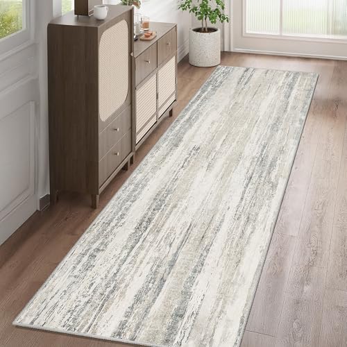 Washable Runner Rug 2x8 Area Rugs Low Pile Non Slip Modern Abstract | Long Throw Carpet Runner for Hallways Kitchen Bedroom Entryway Bedside Laundry Floor Neutral Beige and Grey - color: Beige, size: 2' x 8' (Rectangular)