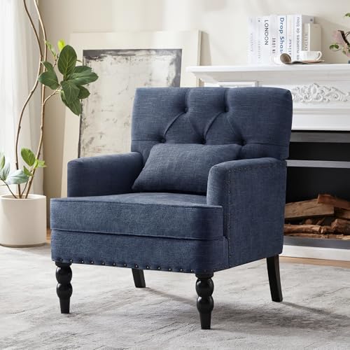 HUIMO Accent Chair, Tufted Upholstered Club Chair, Indigo Blue | Tufted upholstered club chair with lumbar pillow and solid wood legs. Suitable for living rooms, bedrooms, and reading nooks. - color: Blue