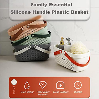 JiatuA Plastic Storage Basket with Handle Portable Shower Caddy Tote Organizer Basket Bin for Bathroom Kitchen Dorm Room Bedroom, Gray | Sturdy Drainage Large Capacity Organizer Basket with Silicone Handles for Bathroom Kitchen Bedroom College Dorm Essent