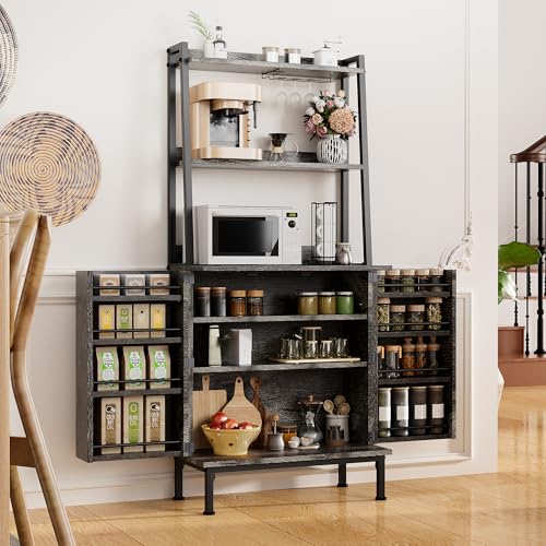 58” Pantry Cabinets with Microwave Shelves, Freestanding Kitchen Storage Cabinet with Adjustable Shelves, Buffet Cupboards for Kitchen, Dining Room, Living Room Use, Dark Gray Oak - color: B-58" Dark Grey