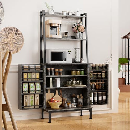 58” Pantry Cabinets with Microwave Shelves, Freestanding Kitchen Storage Cabinet with Adjustable Shelves, Buffet Cupboards for Kitchen, Dining Room, Living Room Use, Dark Gray Oak - color: B-58" Dark Grey