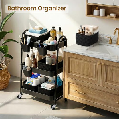 3-Tier Rolling Utility Cart with 4 Woven Baskets, Diaper Book Snack Cart, Storage Organizer for Nursery, Kitchen, Craft Room, Home SPA, Living Room, Metal Frame Trolley on Lockable Wheels, Black - color: Black