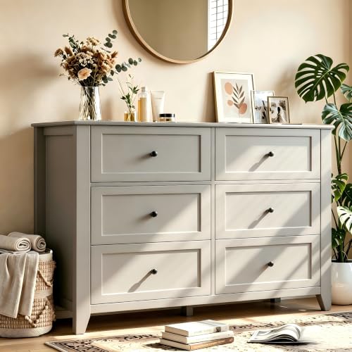 Garvee Grey 6-Drawer Dresser for Bedroom, 54" Long Chest of Drawers | Modern Lacquered Storage Drawers Organizer, 15.8"D x 54"W x 31.5"H, Storage Dresser with Deep Drawers for Hallway Entryway - color: Grey, size: 15.8"D x 54"W x 31.5"H (6 Drawers)