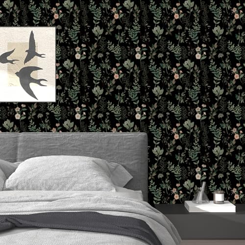 Dark Black Green Leaves Floral Peel and Stick Wallpaper 17.4" x 394" | Renter Friendly, Removable & Waterproof, Vinyl Easy Install for Bedrooms, Bathrooms, Kitchens, Cabinets and Home Decor - color: Black/Green, size: 17.4" x 394"