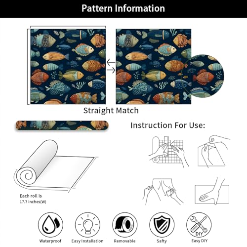 Deep Navy Blue Background Whimsical Underwater Tropical Fish Peel and Stick Wallpaper Easy Peel Off Contact Paper Stick on Adhesive Wall Paper for Bathroom Waterproof Renter 17.71"x118.1" - color: LD-143a, size: 17.7" x 118"