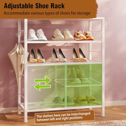 GiftGo Modern White Large 5-Tier Hall Tree Entryway Wooden Shoes Rack Shelf Coat Rack with Movable 9 Metal Hooks Storage Organizer for Home Office Bedroom Mudroom Living Room - color: White