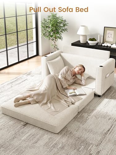 51" Loveseat Convertible Sofa Bed with Cup Holder, Small Couch 2 in 1 Pull Out Sleeper Couch, Floor Folding Couch Sofa with Two Pillows for Living Room, Apartment, Dorm (Beige) - color: Beige