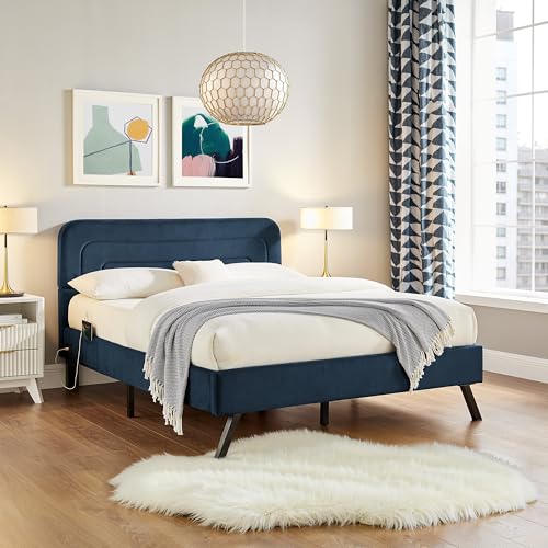 Studio Living® Adaline Upholstered Bed, Full Size, USB A + C Power, Storage Sleeve, Velvet Fabric, Navy - color: Navy, size: Full