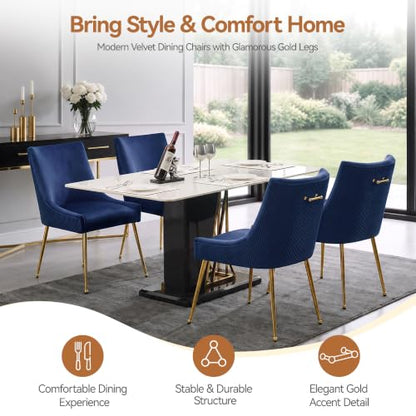 WUTUTUEE Velvet Dining Chairs Set of 2 Gold Legs,Upholstered Velvet Accent Chairs, Pleated Back Design & Gold Pull Handle, Mid Century Modern Chairs for Dining/Kitchen/Living Room,Blue - color: Blue, size: Set of 2