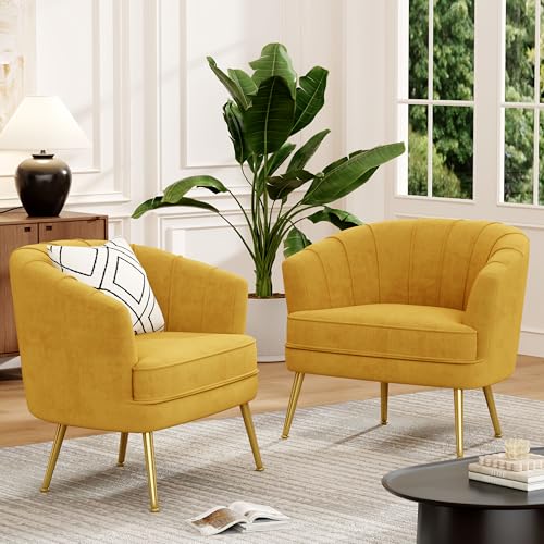 Velvet Accent Chair Set of 2, Barrel Armchair, Yellow | Velvet Upholstery, Golden Metal Legs, Comfy Barrel Back, Modern Style, Living Room Bedroom Office - color: Yellow, size: 2 Chairs