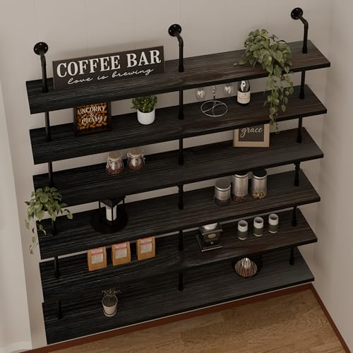 HDDFER Floating Shelves for Wall Living Room Shelves Bookshelf Industrial Pipe Shelving Shelf Real Wood Planks 60 inch Rustic Wall Shelves Hanging Bookshelves Farmhouse Kitchen Bar Shelving - color: Black, size: 6Tier60in