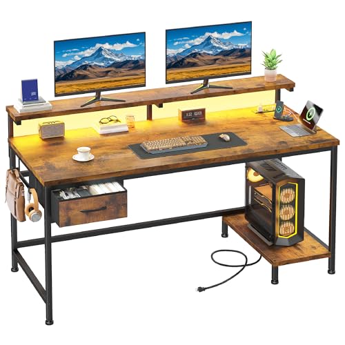 DurayLoly 39.3" Office Desk with Power Outlet & Fabric Drawer,Rustic Brown | Gaming Desk with CPU Stand& LED Lights,Adjutable Monitor Stand,2 Headphone Hooks,Home Work,Study,Small Spaces,Bedroom - color: Brown, size: 39.3 Inch