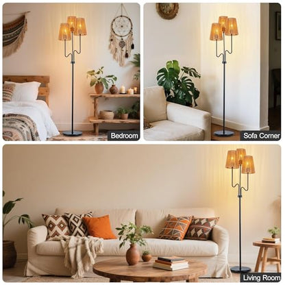 MAYNA 3-Light Black Boho Floor Lamp with Handwoven Rattan Shades | Adjustable Swiveling Arms, Foot Switch Standinmg Floor Lamp for Living Room & Bedroom, 3 LED Bulbs Included - color: Black 3 Lights