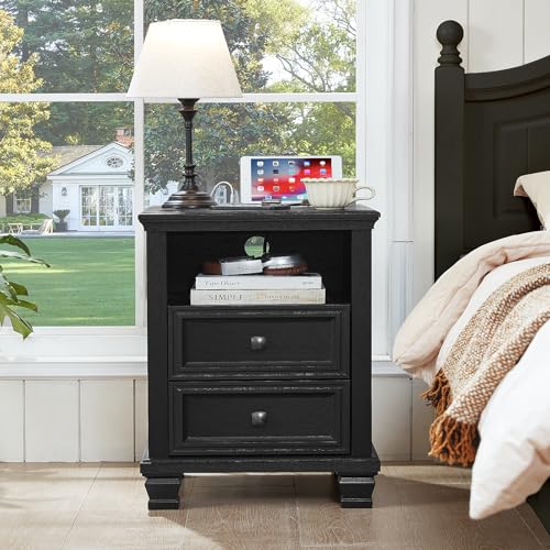 Farmhouse Side Table with Charging Station, Black | Antique Nightstands for Bedroom with Drawers, Bedside Table with Open Shelf & Thickened Top & Square Wooden Legs - color: Black, size: 18"D x 18"W x 25"H (2 Drawers)