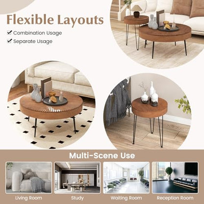 Giantex Boho Round Coffee Table Set of 2, Sofa Side Nesting Table with Solid Pine Wood Top, Metal Legs & Adjustable Foot Pads, 31.5" D Large Table Set for Living Room (Radial Pattern, Brown) - color: Brown, style: Radial Pattern