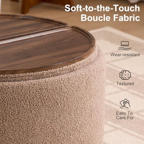 29.5" Round Storage Ottoman Coffee Table, Dual Reversible Lids, Brown | Round Ottoman Coffee Table, Swivel Casters, Hidden Storage, Dual Lift-Off Lids, Teddy Fabric, Living Room, Bedroom - color: Brown