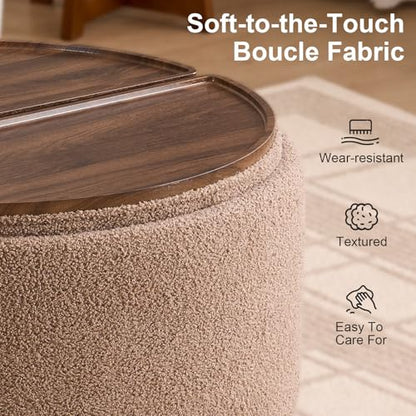 29.5" Round Storage Ottoman Coffee Table, Dual Reversible Lids, Brown | Round Ottoman Coffee Table, Swivel Casters, Hidden Storage, Dual Lift-Off Lids, Teddy Fabric, Living Room, Bedroom - color: Brown