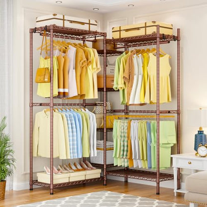 E4 Clothes Rack, Heavy-Duty Garment Rack Can Be L-Shaped Closet System | Bronze Metal Freestanding Clothing Organizer Storage System with Shelves and Hangers, Load 962lbs, 71.6"W x 14.5"D x 79.3"H - color: Bronze