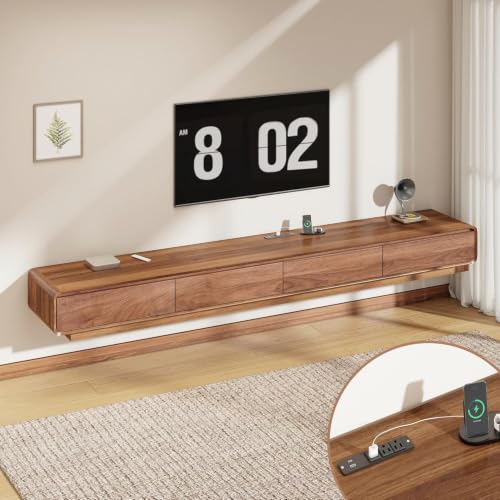 102.4'' Minimalist Floating TV Stand with Power Outlet, Modern Wall-Mounted Entertainment Center for TVs up to 100 Inches, Media Console with Rounded-Corner Design, Walnut - color: Walnut
