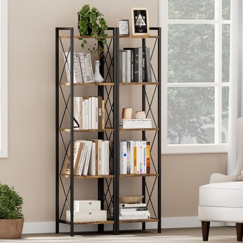 Homhedy 5 Tier Small Bookshelf, Tall Narrow Bookcase, Metal Book Shelf | Industrial Style for Small Spaces, Home, Office, Living Room, Kitchen, Bedroom , 10.4" D x 13" W x 55.1" H, Rustic Brown - color: Rustic Brown, size: 10.4"D x 13"W x 55.1"H