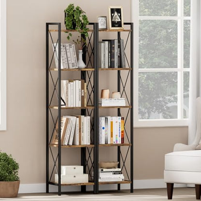 Homhedy 5 Tier Small Bookshelf, Tall Narrow Bookcase, Metal Book Shelf | Industrial Style for Small Spaces, Home, Office, Living Room, Kitchen, Bedroom , 10.4" D x 13" W x 55.1" H, Rustic Brown - color: Rustic Brown, size: 10.4"D x 13"W x 55.1"H