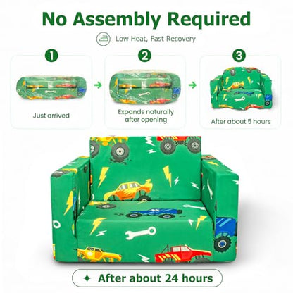 Kids Couch, 2-in-1 Kids Fold Out Couch | Convertible Sofa to Lounger for Girls and Boys, Soft Toddler Chairs Comfy 1-3 Years Old, Green Monster Truck - color: Green Monster Trunk
