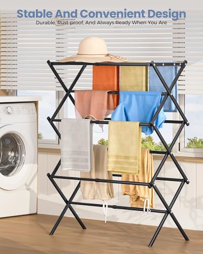 Oversize 3-Tier Clothes Drying Rack, No Install, Black | Expandable Design, Non-slip feet, Tool-free Setup, Rust Prevention, Sturdy Construction, 14.9" D x 29.3" W, Holds 24lbs - color: Black