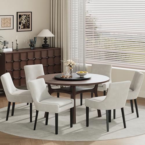 COLAMY Modern Dining Room Chairs Set of 6 with Mid Back and Wood Legs, Upholstered Kitchen Chairs for Dining Room/Living Room, Beige - color: Beige, size: Set of 6