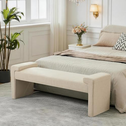 Upholstered Entryway Bench, 58.7" Modern Bedroom Bench, Camel | Curved Armrests, Solid Wood Frame, End of Bed, Bedroom, Living Room, Hallway - color: Tan-linen, size: 58.7"