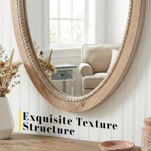 sawsile Oval Wood Mirror,20x30 inch Rustic Farmhouse Natural Wooden Frame Boho Beads Wall Mirror for Bathroom,Living Room,Bedroom or Entryway - color: Nature, size: 30"L x 20"W