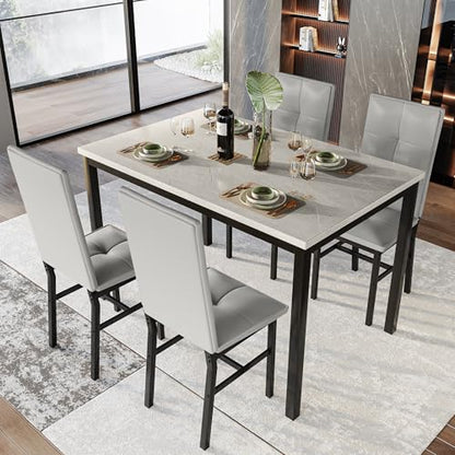 Hooseng Dining Table Set for 4, Faux Marble Small Kitchen Table with 4 PU Leather Chairs, Modern 5 Piece Dinner Table Set for Dining Room, Breakfast Nook, Samll Space, Grey - color: Grey