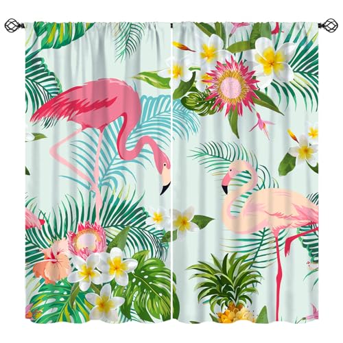 Pink Flamingo Curtain, Tropical Floral Leaves Green Summer Window Drapery Treatments for Bedroom Living Room Kitchen Bathroom 42" W X 45" L(No Blackout) - color: Flamingo-3, size: 20.5"W x 45"L (Pack of 2)
