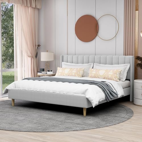 AGARTT Upholstered Platform Bed Frame King Size, Light Grey Linen | Headboard and Footboard/Wooden Slats Support/No Box Spring Needed/Easy Assembly - color: Light Grey Linen, size: King