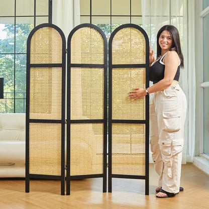 Svimi Room Divider and Folding Privacy Screens, Pine Wood 5.6 Ft Double Hinged Rattan Partition Freestanding Wall Room Divider for Home - 3 Panels - color: Black/Natural